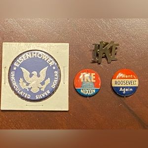 Vtg Political Button Pin Lot IKE, 1952 Pin Roosevelt & Nixon, IKE Silver Dollar.